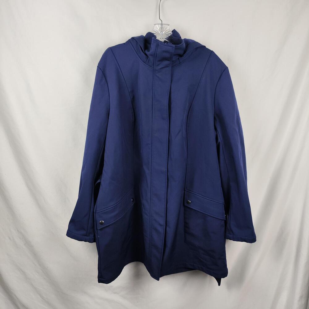Basic Editions Coat Womens XL Blue Hooded Belted Zip Pockets Mid Length Parka